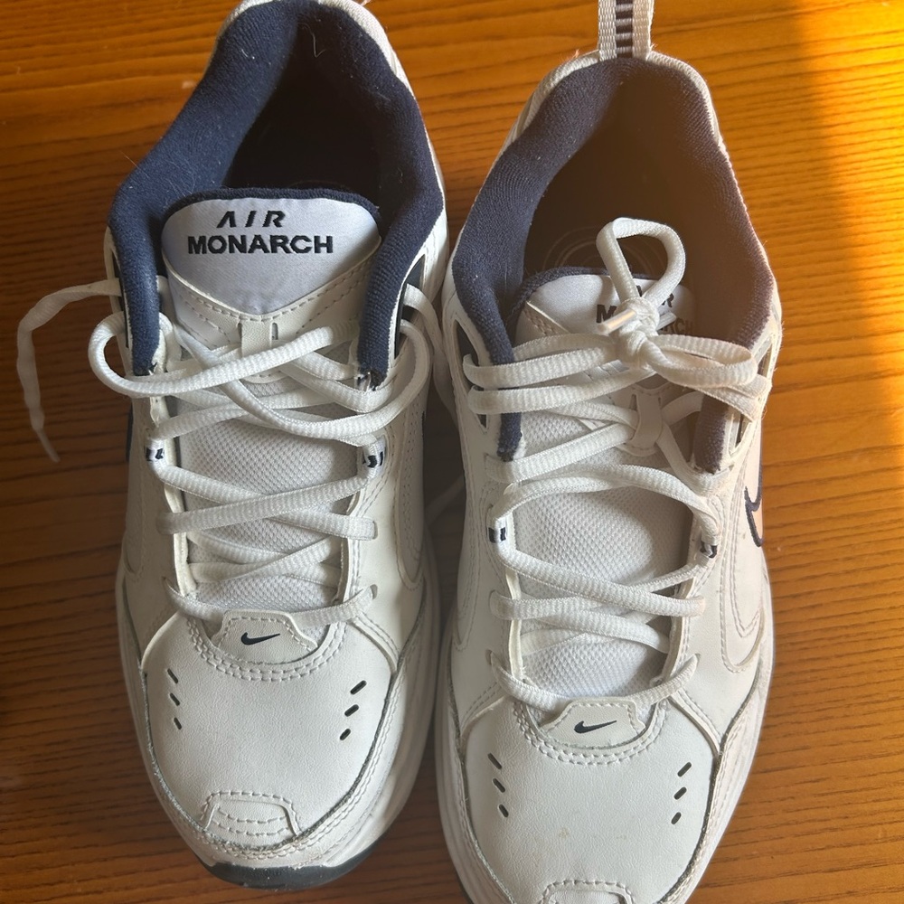 Nike Air Monarch White and Navy Sneakers